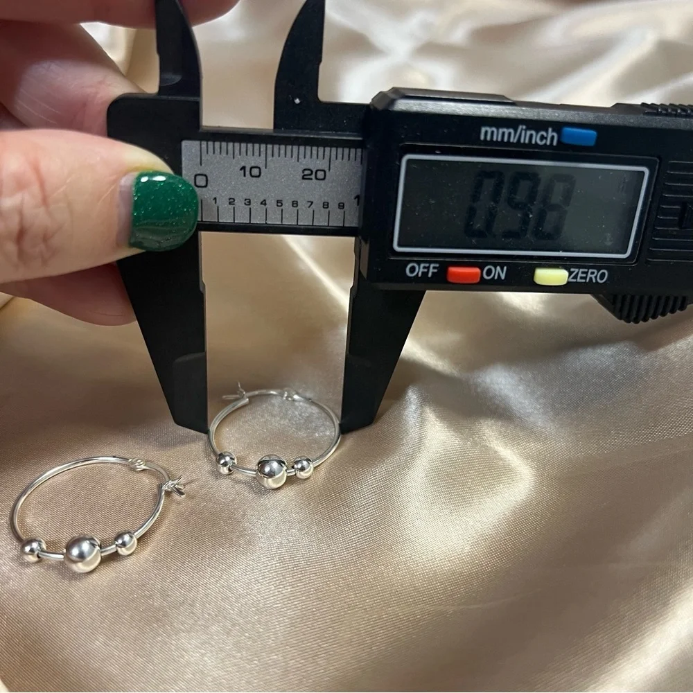 Sterling Silver Three 3 Ball Bead Hoop Earrings Classic Everyday Hoops - Picture 5 of 8